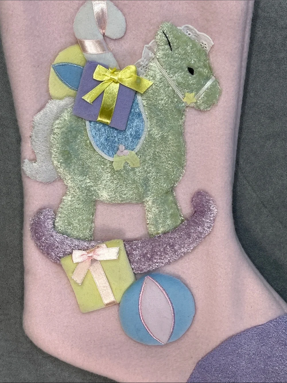 Baby’s First Christmas Stocking Pastel Rocking Horse Pink Purple 20” Vintage